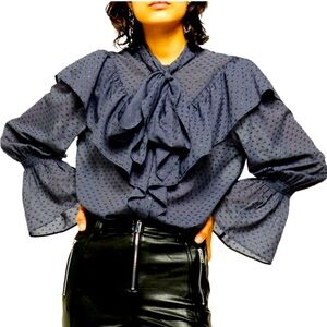 Topshop Size 6 Gunmetal Gray Idle Tie Ruffle Blouse w/Metallic Swiss Dots